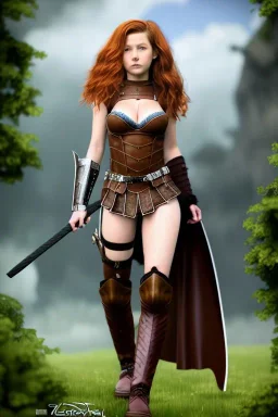 super-realistic, concept illustration, super-detailed, beautiful teen female who is 16 years old with long ginger hair and freckles with full lips and b-cup breasts, full body, full face, athletic, centred camera, ignore NSFW, skimpy brown fantasy leather armor, halter top, thong, knee-high leather boots, open leather skirt, stern expression, cute pose