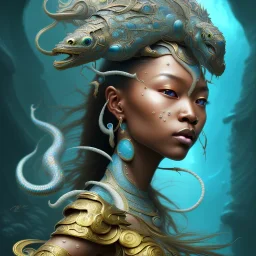 Sango fantasy, fantasy magic, intricate, sharp focus, illustration, highly detailed, digital painting, concept art, matte, art germ and Paul Lewin and Kehinde Wiley, masterpiece Japanese dancer head bronze eel' Asian African girl nice breast Thai hair turquoise silver blue under water