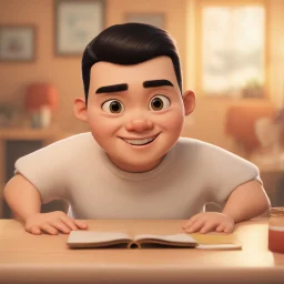 a portrait of smiling young western man. caricature. black hair. short buzz cut hair style. light skin. dark eye pupils. small eyes. small round chubby face shape. a bit small goatee, without moustache. white sweatshirt. pixar style. 3D. 4k. portrait. highly detailed. sharp focus. high resolution. full color. cinema lighting