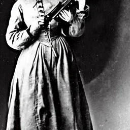 sepia photo illustrative Belle Starr holding a rifle and a gun, female outlaw gunslinger, 1800s dress and hat, holster and gunbelt around her waist, vignette, 8k, high-quality, ultra-fine detail, Alfredo Rodriguez, Jack Sorenson, Romain Veillon, Rafael Augusto, Annie Stokes, Greg Rutowski