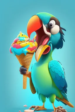 Cartoon parrot eating ice cream