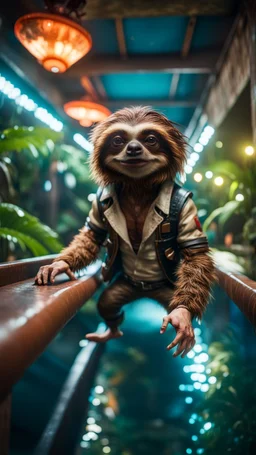 fish-eye photo of furry hairy pimp rocker alien gremlin sloth indian on bridge over water slide magically levitating in dark lit reflective wet jungle hall hotel tunnel, in the style of fallout 4 game,bokeh like f/0.8, tilt-shift lens 8k, high detail, smooth render, down-light, unreal engine, prize winning