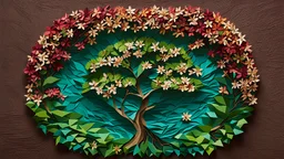 An earth art portrait of a punctured paper blooming tree in nature