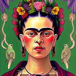 A beautiful portrait of Frida Kahlo by alphonse mucha, japanese tatoos, 4k, high details