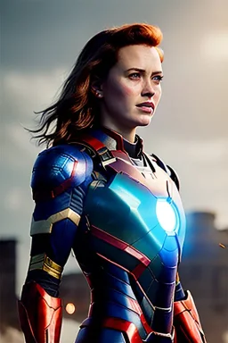 ultrarealistic, ruined city,__skimpy iron man armor__, no star, __angles__, 18 year old woman, strikingly beautiful,ginger hair, _colour_, [__starlets__|__starlets__], (pale __skincolor__ skin:1.2), __camera__, _hair_, detailed face and eyes, medium breasts, sci-fi theme, freckles, dynamic pose, resolved expression, __accessory__, strappy outfit, (straps:1.1), sword in scabbard on left hip, (buckles, buttons, snaps, rings:1.0), haltertop style breastplate, detailed eyes, plump lips