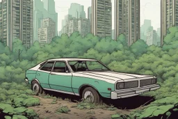 building, car, forest, overgrown apocalyptic city background, comic book,