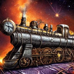 Steampunk locomotive train, ornate silver and gold engraved, white smoke billowing from the chimney as it passes through a narrow gap surrounded by tall trees. Stars and Galaxies fill the night sky.8K polished in the style of Josephine Wall, Brian Froud.Thomas Kinkade