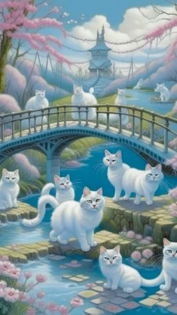 in the center: beautiful chunky white cats playing on a bridge with grey mice, under the brigde flows a small blue river; background: landscape, first plan: pink flowers: white clouds in shape of cats, season: winter