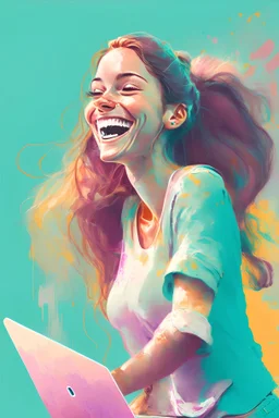 Cheerful woman standing up and using a laptop, pastel colors, detailed, lost edges. bright.