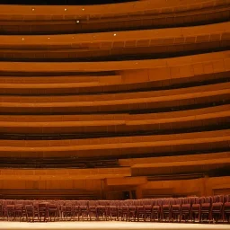 a single chair on stage under spotlight at a dark and empty symphony hall