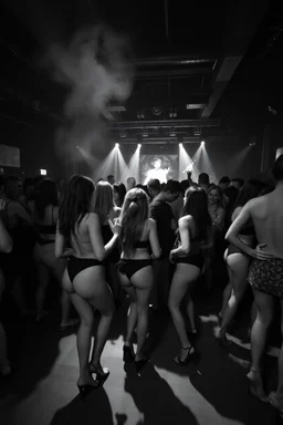 dans golv på en techno club, många personer som dansar, yppiga lättklädda kvinnor, scen rök och ljus strobes, svartvit bild