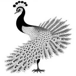 white, A peacock in flight, vector, white background, outline, with images neatly contained within the background, just black and white color, full body, no color. Front view.