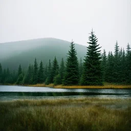 A polaroid photo of a group of fir trees in the background and a high hill in the distance. A lake. The surface below is in a pastel color. Fog is present.