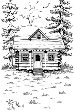 Create an illustration of an adorable, Cozy Cabin, A charming log cabin surrounded by trees, drawn in a simple, easy-to-color style. The drawing should be reminiscent of classic children's book illustrations. It should be black and white, leaving plenty of room for a 4-year-old child to showcase their coloring skills