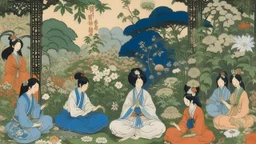 An illustration by Manet and Kuniyoshi of of individuals practicing yoga surrounded by blooming flowers and lush vegetation.