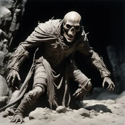 [high res photo by Ray Harryhausen] The thing moves again, emerging fully from the shadows. It is a wight—a walking corpse of immense size, its body wrapped in the tattered remains of priestly robes, gray with age and decay. The cloth flutters as it moves, revealing glimpses of bone beneath. Its head is a featureless skull with glowing blue light where the eyes should be, casting a faint azure radiance over the snow. As it drags itself forward, its joints grind audibly, the sound like stone grin