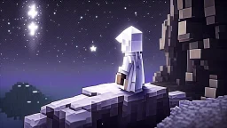 Minecraft Character, minecraft theme, purple starry sky, meditating, facing back, wearing gown, minecraft style, in between two cliffs, white clothes, edge to edge