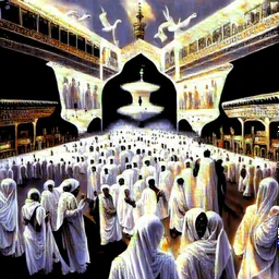 The scene in Mecca: People wearing white Ihram clothes, men without head coverings, women with veils, circumambulating around the Kaaba, and above them are transparent white spirits of children, men, and women with wings revolving around the Kaaba.