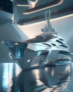 Futuristic cozy superyacht silver design, diamond-framed impressive, movie lighting, high resolution, 8K