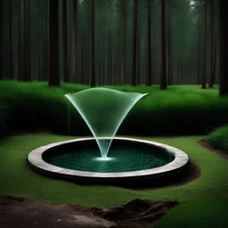A water fountain made of grass is located in the forest