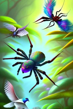 spider fight with exotic pigeon, jungle setting, soft pastel colors, mystical, acrylic paint, mystical, dreamlike, Neo-Impressionist