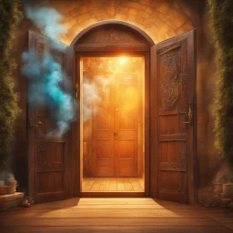 Half opened massive wooden door with lots of engraved magical symbols. Colorfull magical smoke coming out of the door opening. Harry Potter. Magical. Epic. Dramatic, highly detailed, digital painting, masterpiece