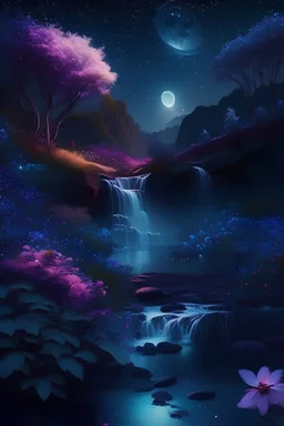 beautiful land in space,night lights,flowers,river,waterfall,trees