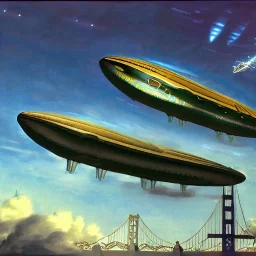 galaxian fantasy airships flying over San Francisco Bridge in a cloudy sky,Giant sci-fi super-panzer in the style of John Berkey