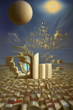 Dreamlike image that represents the idea of ​​traveling through reading a book, a surrealist painting style image by Dalí