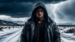 A lone hiphop gangster walk in a desolate winter landscape, with a storm brewing overhead, capturing the emotional intensity of a cold drama. highly detailed eyes and lips, HDR, 8K, ultra d tailed, High quality