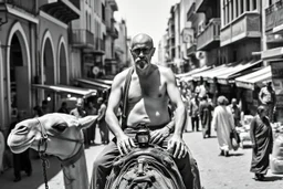 man looking like "Walter White" in breaking bad tv show, bald and goatee, with bare chest riding on a camel in a alley Casablanca town, panorama, black and white photo, lot of markets and people in background
