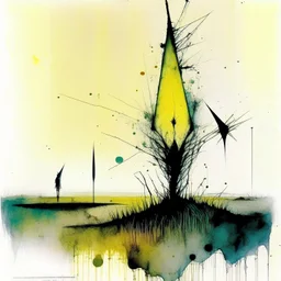 surreal color ink illustration, Style by Gabriel Pacheco and VS Gaitonde and Stephen Gammell, abstract art, a metaphorical representation of the ephemeral triangular relationship of love rivalries, gestalt lunatic grass shine, warm colors, sinister, surreal masterpiece, dynamic diagonal layout composition, juxtaposition of the uncanny and the banal, sharp focus, weirdcore, never-before-seen