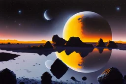 Grey Exoplanet in the hotizon, rocks, Night, lagoon reflection, sci-fi, epic, otto pippel painting