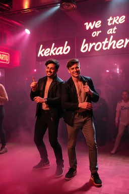 An "Identical twins" performing at dance club, theyre name is "Martin and Mercurius" Happy and celebrity look, , Neon lights and smog, "We are the kebab brothers" big sign on the wall