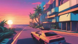 comic book illustration looking straight ahead,synthwave colors in Miami beach, sunshine, blue sky, art inspired in GTA VI game, cinematic light, 4K, no cars, synthwave