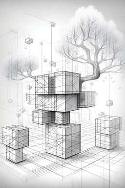 Metabolism, concept - LINES, CUBES, no support at bottom and cubes in the air with superimposition of tree- Architectural concept