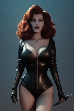 Rita Hayworth as evil queen in black leather, busty, cleavage, curvy, angry, stern look. character design by cory loftis, fenghua zhong, ryohei hase, ismail inceoglu and ruan jia. unreal engine 5, artistic lighting, highly detailed, photorealistic, fantasy