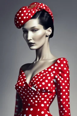 Behold the majestic Bella Hadid a striking figure draped in elegance and refinement as she channels the timeless style of the beloved Princess Margaret during her visit to the exotic land of Trinidad in 1955 donning a ravishing red polka dot dress that effortlessly showcases her effortless grace and a pair of pristine white gloves that exude regal sophistication all while strutting down the illustrious Rodarte catwalk with a confidence that leaves mere mortals in awe and admiration