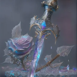 A fantasy zweihander, the blade is made up of glimmering ice, it's hilt is crafted from swirling vines, leading to a vibrant rose crystal at the pommel, with a black background behind it.