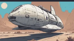 Small, sleek cargo spaceship, built like a teardrop, landing in an empty ruined alien street, blue sky, foliage