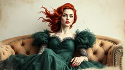 mixed media, multiple exposure, old worn torn plain canvas, grunge, layered, embossed, fine art luminous soft watercolor, glitter, mid-ground, luminosity, highlights, gold fragments, light effects, dark grey-green fragments, dot technique, portrait of Victorian Gothic woman on SOFA, Red hair, light Red lips, fluffiness, wind, airy dark GREEN flowing dress, Fur, swirls, layered, blending, textured, 3D, 8K, best quality, fine rendering, high detail, hyperrealism, high resolution, high definition,
