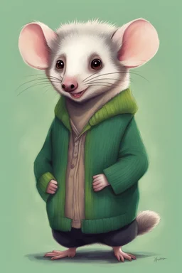 Green opossum wearing cardigan cute art