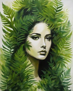 An abstract painting of a woman made of fern leaves