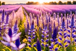 magic meadows with beautiful lupins, parma or purple flowers, parma or blue light effects colors, sun, realistic, beautiful blooming trees in the summertime, lupins flowers, highly detailed, high contrast, 8k, high definition, concept art, sharp focus