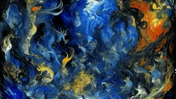 A dark blue chaotic realm with pixies designed in cave paintings painted by Claude Monet
