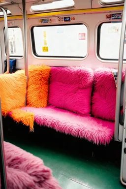 Métro with fluffy seats, orange, pink, hippie, wool, with blankets and cushions