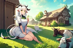 Farm, green grass, house, girl,white hair , sit on grass, cow's tail, cow's horne , cow's under stomach