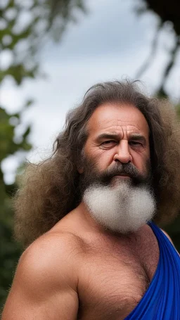 close up photography of a relaxed stocky short chubby hairy strong burly italian man, 64 years old, long hairs, long curly beard, in swimwear, emotive eyes, manly chest, open legs, relaxed sitting on a bench in a city public park, sweat, bullneck, big thighs, sunlight, backlight, photorealistic, ultra detailed, Canon EOS, 35mm lens, ground front view