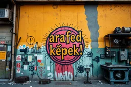 there is an arafed sign that says "arafed képek!" on the wall of a building, front view, rolands zilvinskis, dystopian grunge, steampunk grafitti, hyper realistic digital art, sticker art, disco elysium style, pexels, neoexpressionist, gritty background, solarpunk, oilpunk, unsplash transparent, to be or not to be, scrap metal on workbenches, infinite regression, interconnected human lifeforms, by Hans Bol, symbolic mural, a cd album cover art by Kurt Roesch, graffiti, disco elysium character