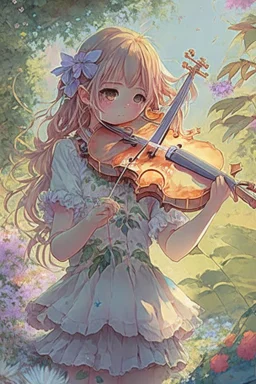 10cears child girl at garden playing violin anime manga, niji, colorful